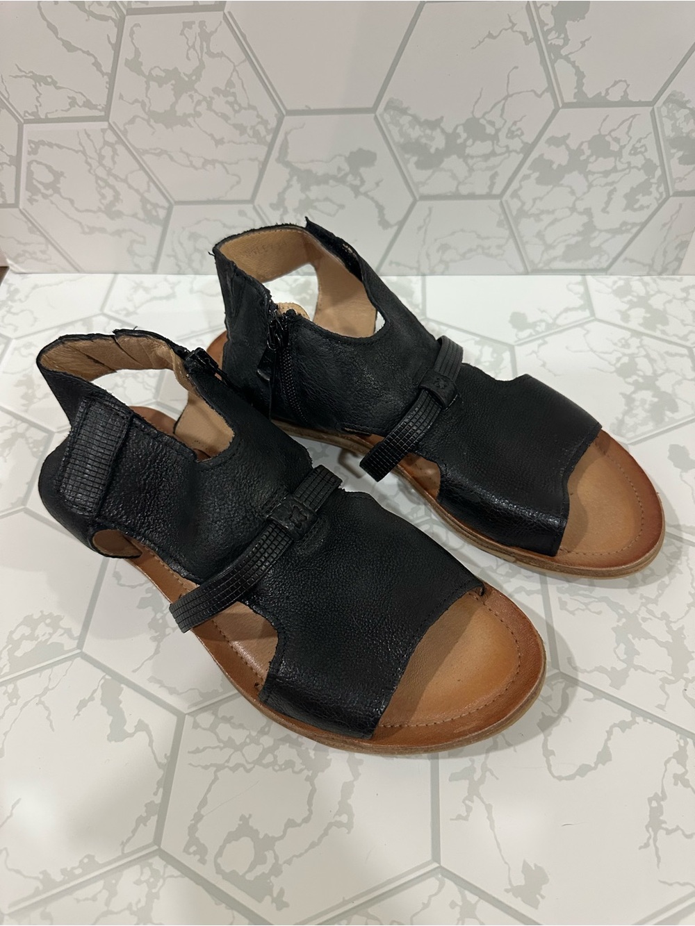 Miz Mooz Black Leather Open-Toe Zip Sandals